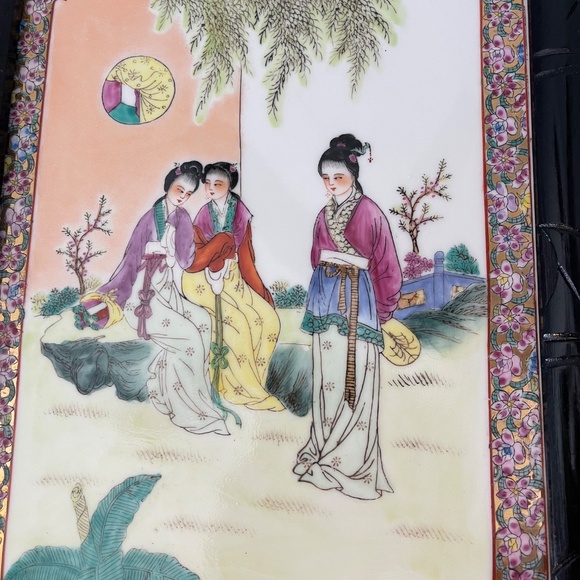 Framed Vintage Chinese Famille Rose Porcelain Plaque in Bamboo Style Frame - Picture 2 of 7